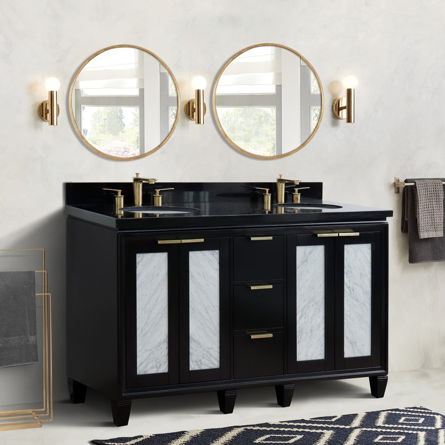 61" Double sink vanity in Black finish with Black galaxy granite and oval sink