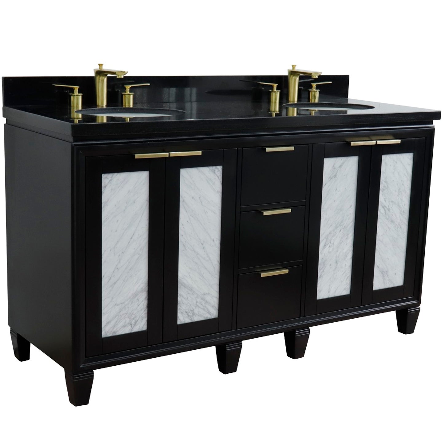 61" Double sink vanity in Black finish with Black galaxy granite and oval sink