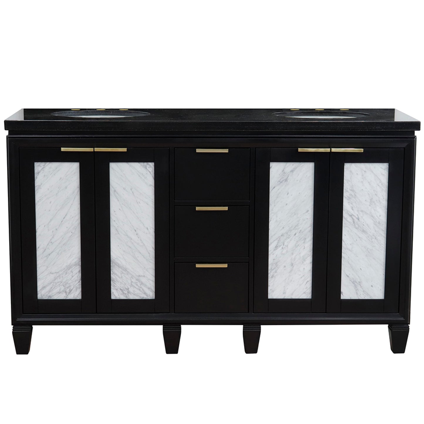 61" Double sink vanity in Black finish with Black galaxy granite and oval sink