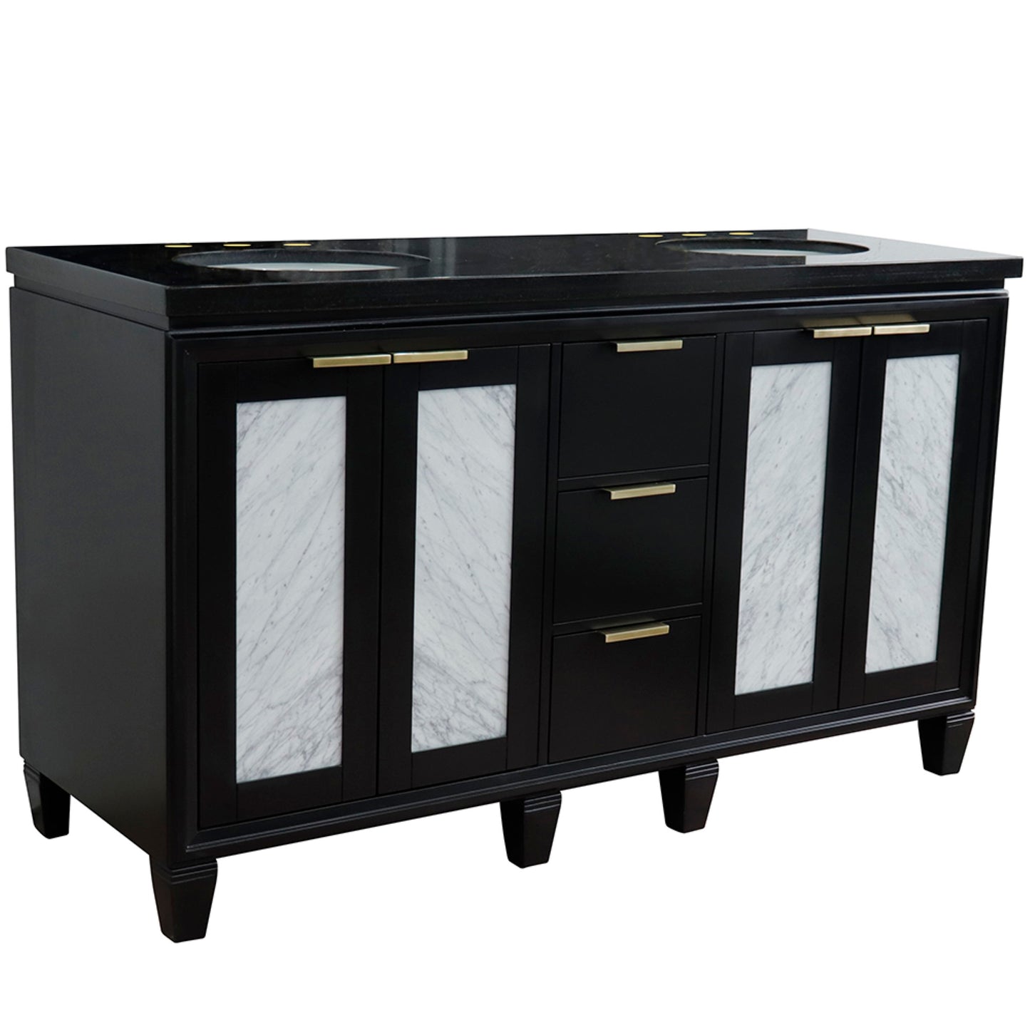 61" Double sink vanity in Black finish with Black galaxy granite and oval sink