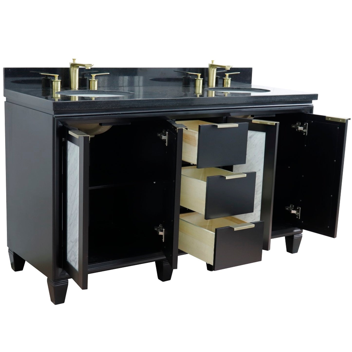 61" Double sink vanity in Black finish with Black galaxy granite and oval sink
