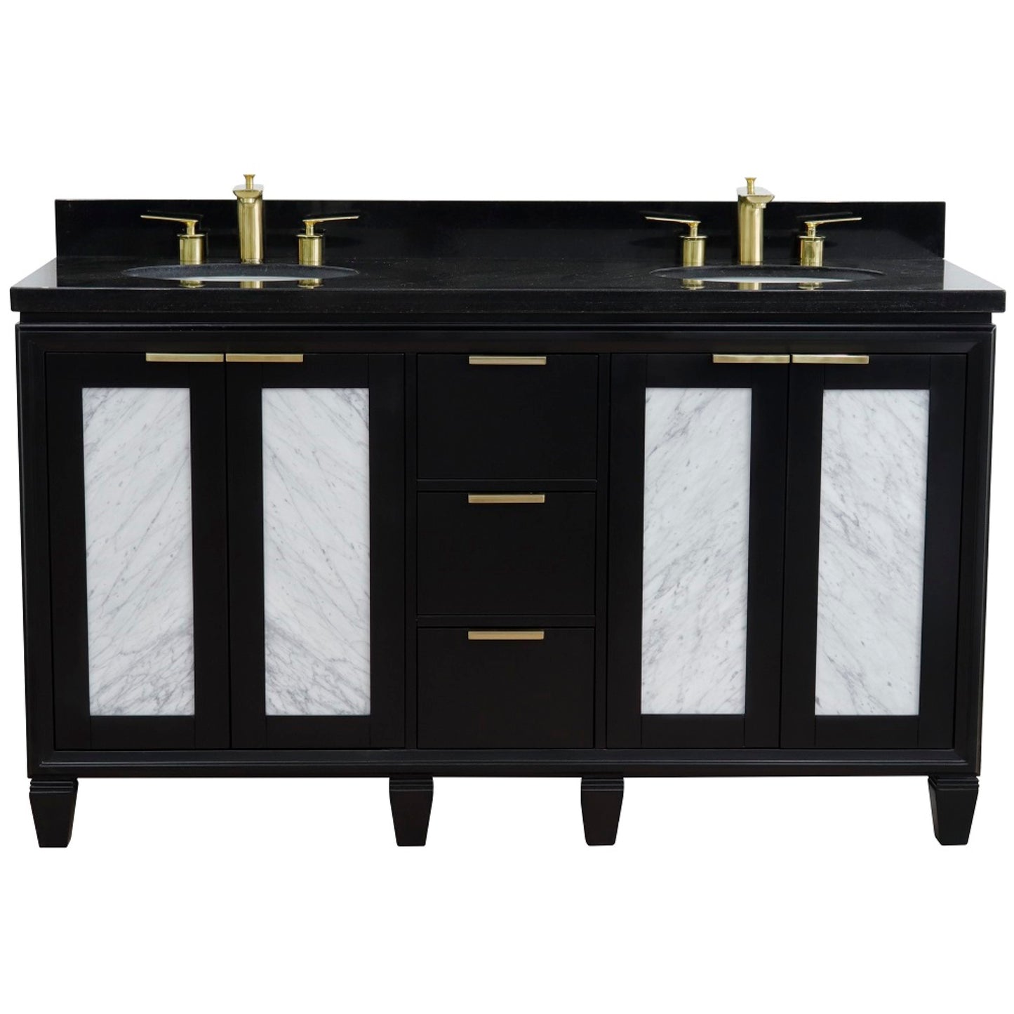 61" Double sink vanity in Black finish with Black galaxy granite and oval sink
