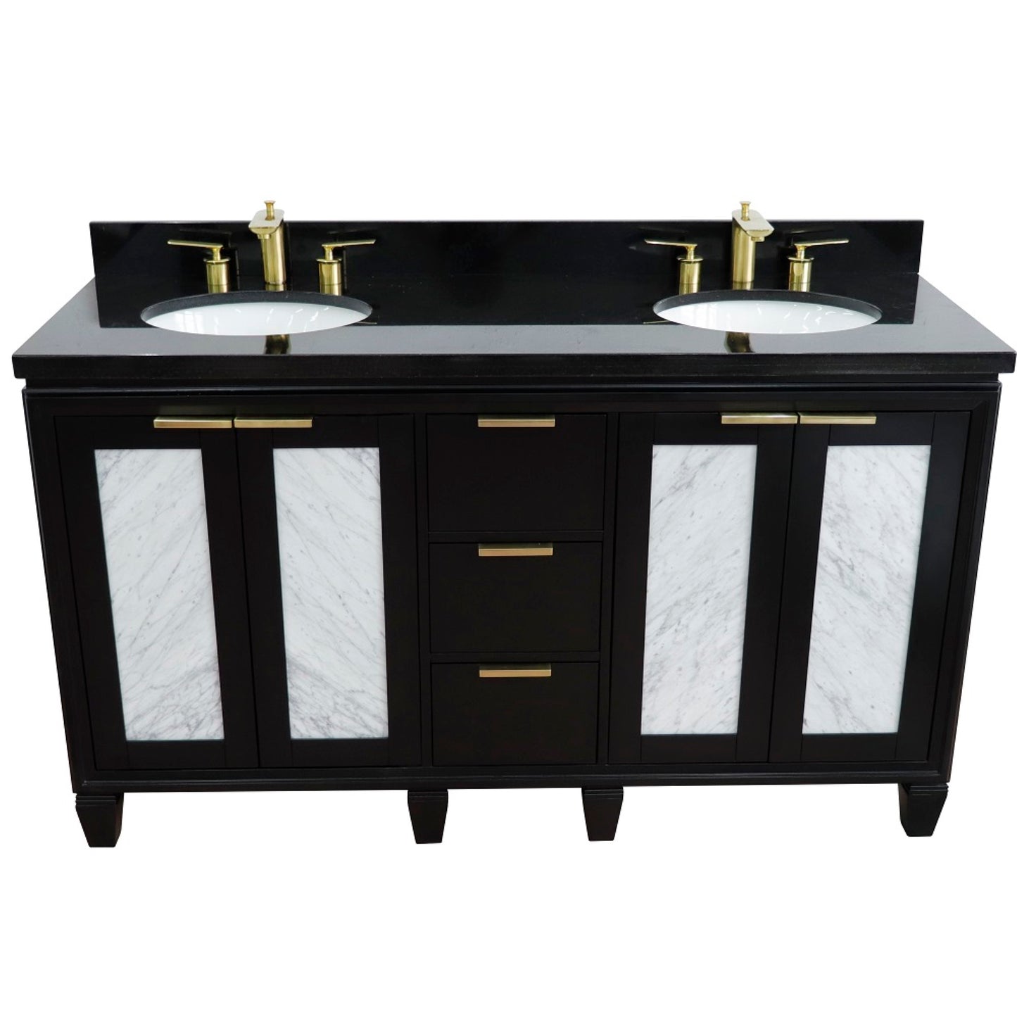 61" Double sink vanity in Black finish with Black galaxy granite and oval sink
