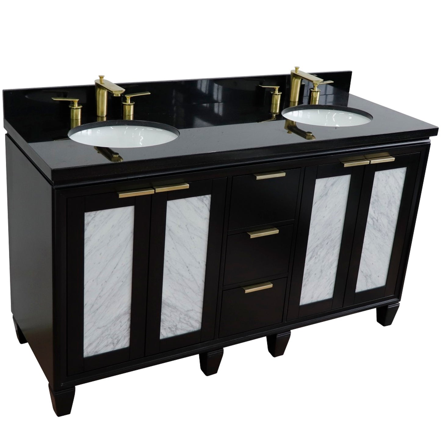61" Double sink vanity in Black finish with Black galaxy granite and oval sink