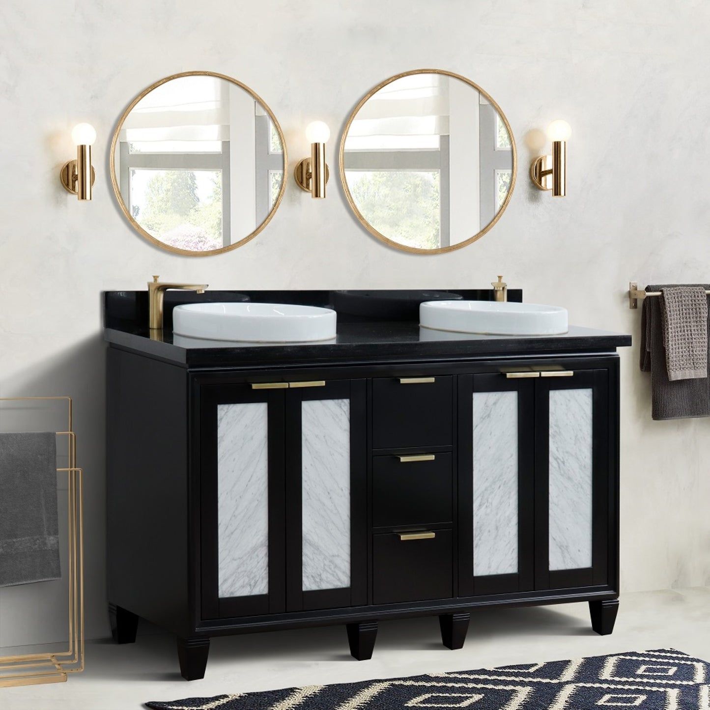 61" Double sink vanity in Black finish with Black galaxy granite and round sink