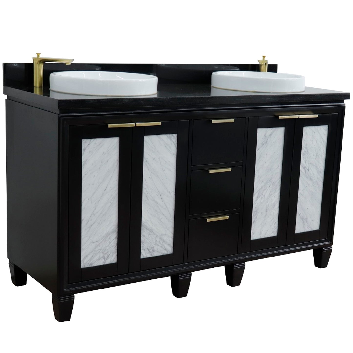 61" Double sink vanity in Black finish with Black galaxy granite and round sink