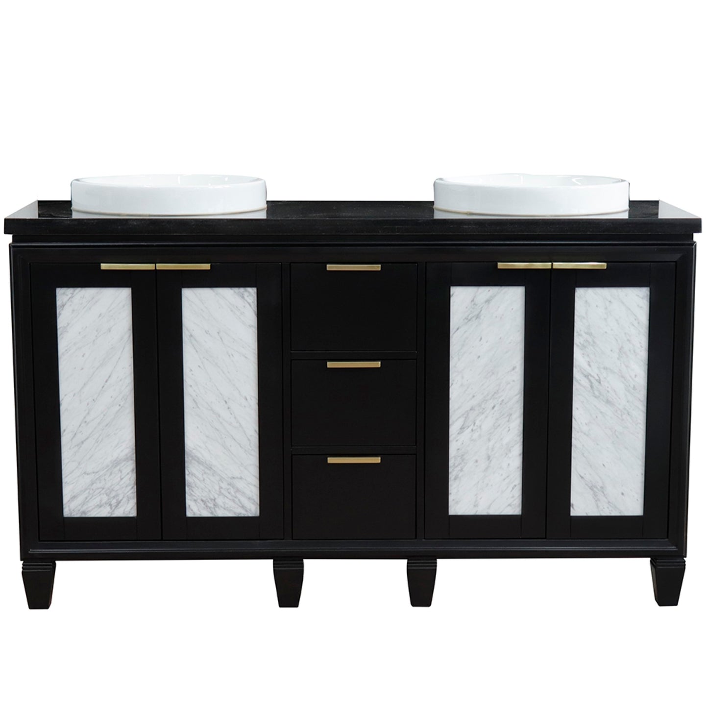 61" Double sink vanity in Black finish with Black galaxy granite and round sink