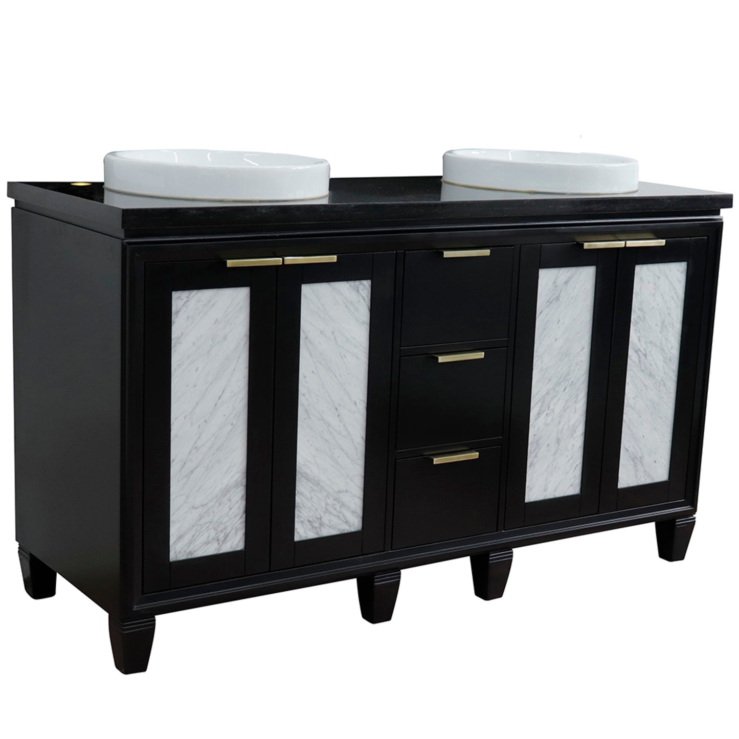 61" Double sink vanity in Black finish with Black galaxy granite and round sink