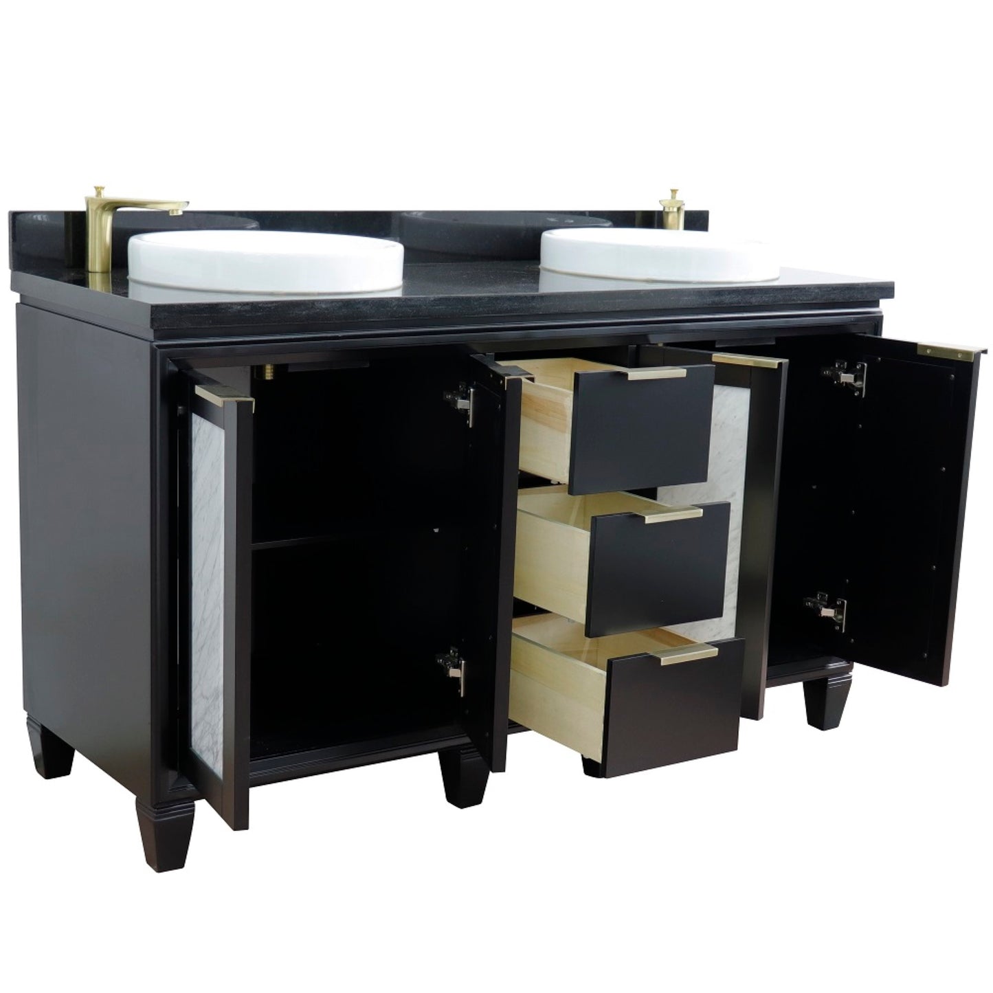 61" Double sink vanity in Black finish with Black galaxy granite and round sink