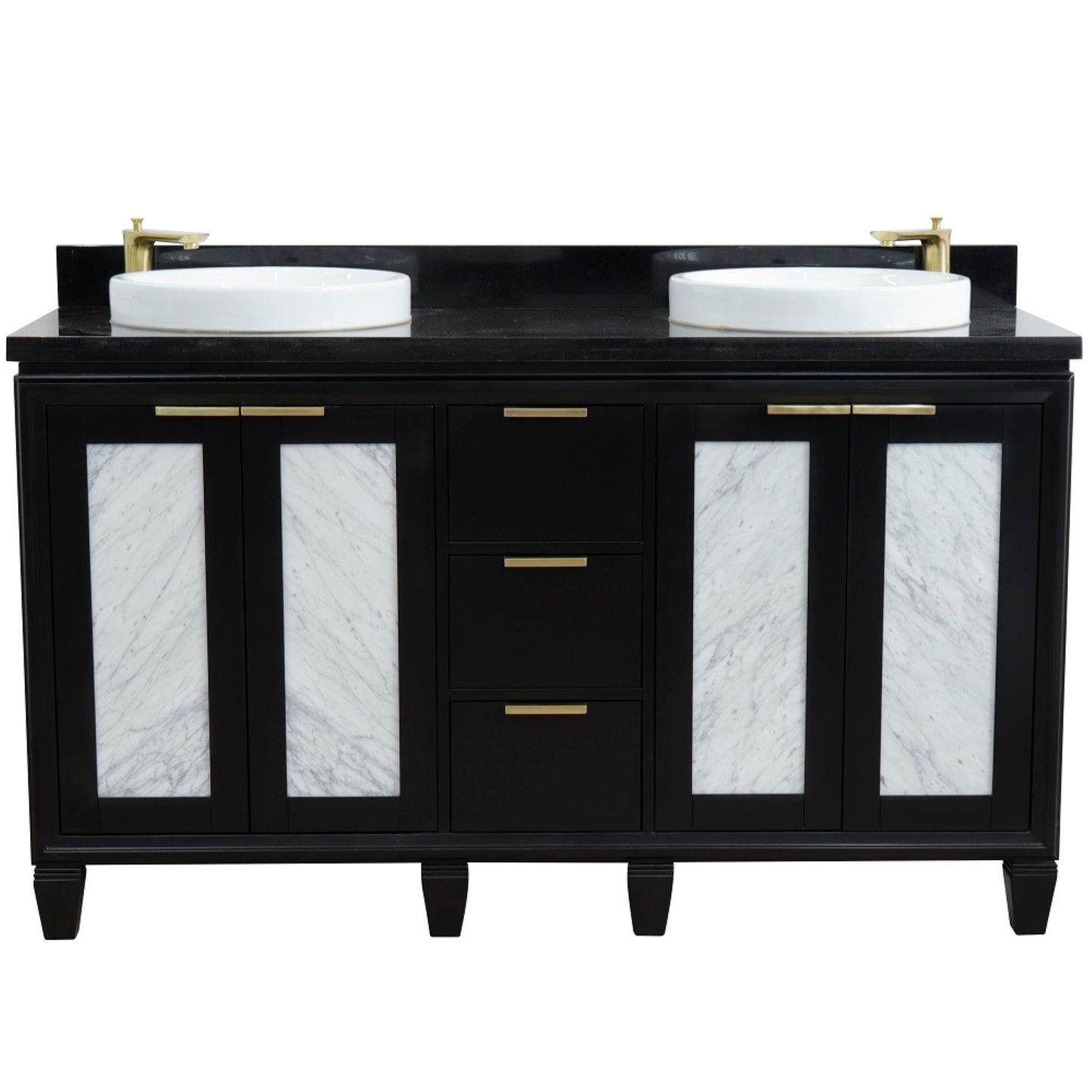 61" Double sink vanity in Black finish with Black galaxy granite and round sink
