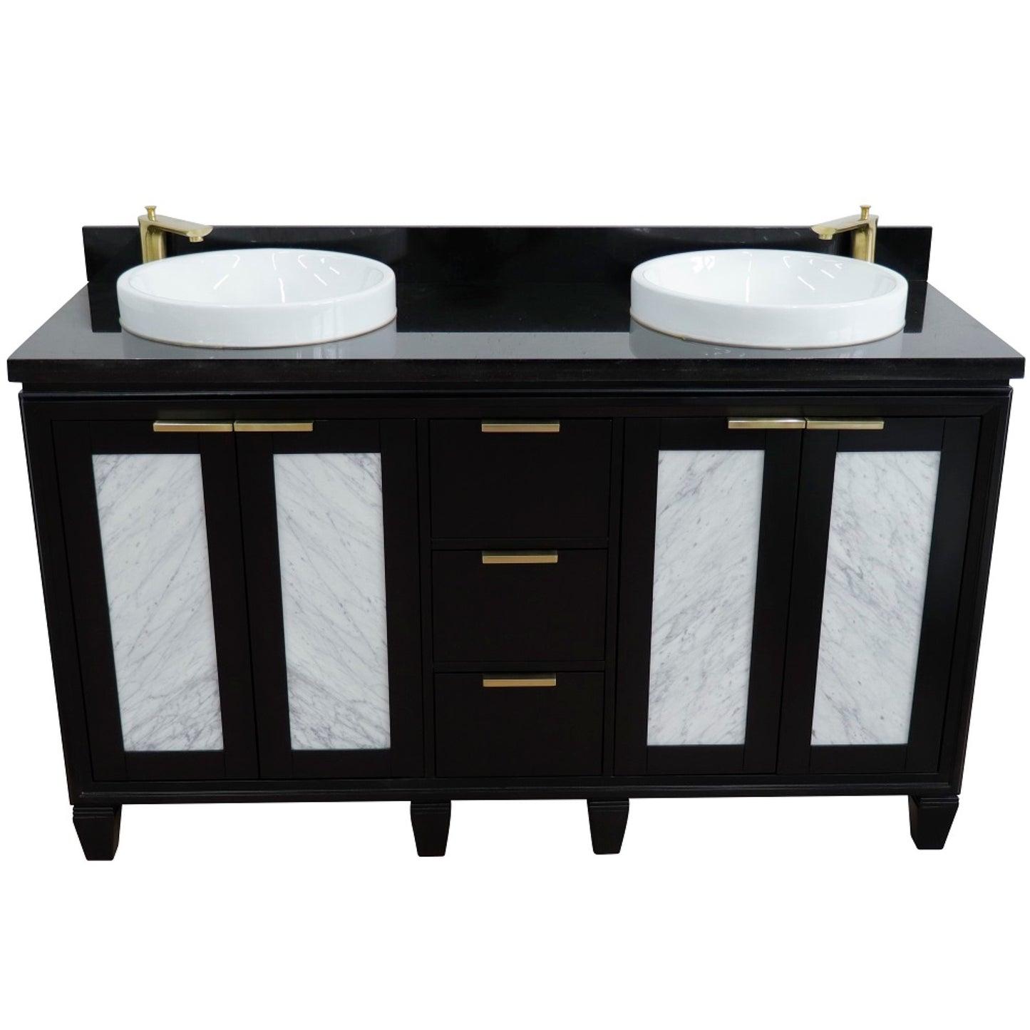 61" Double sink vanity in Black finish with Black galaxy granite and round sink