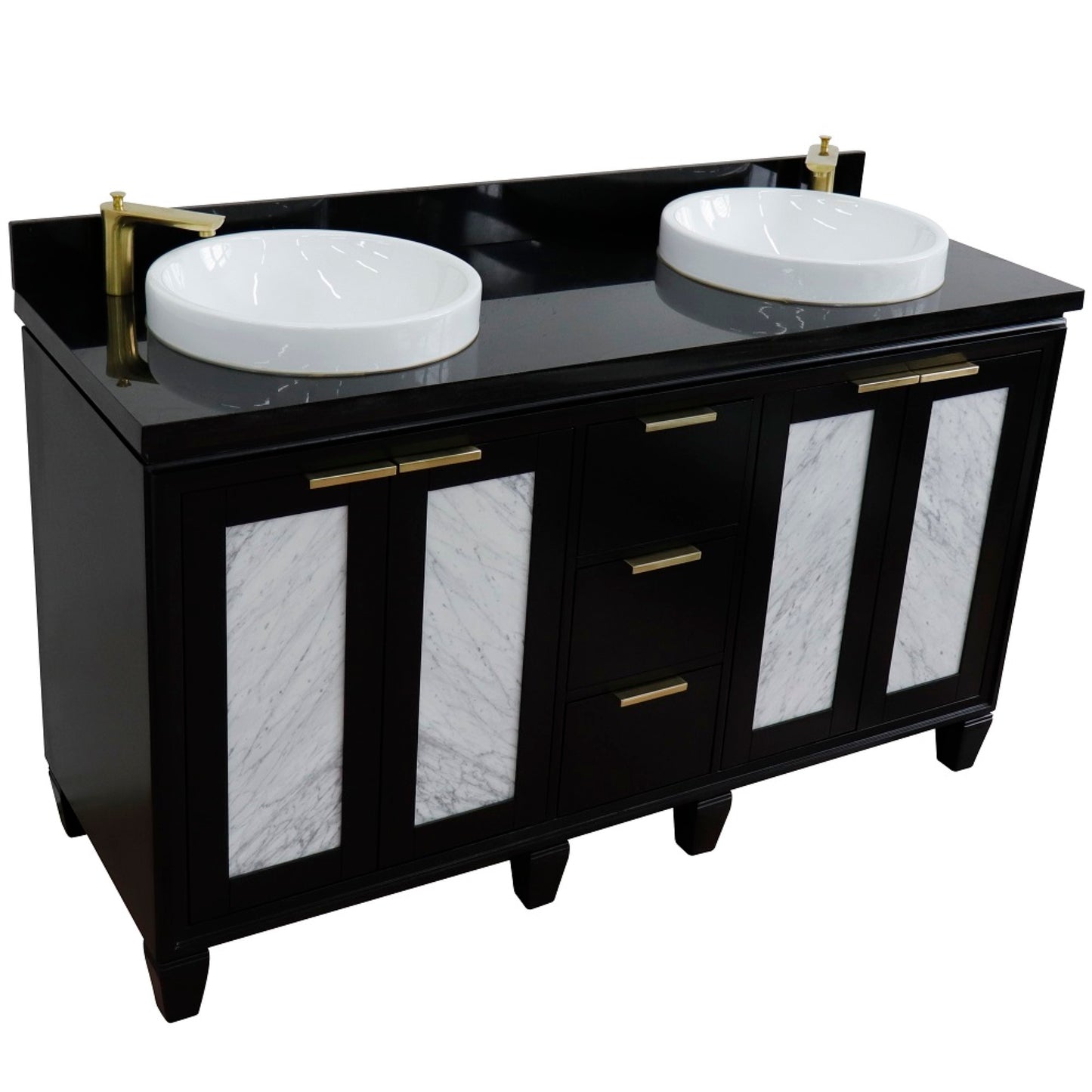 61" Double sink vanity in Black finish with Black galaxy granite and round sink