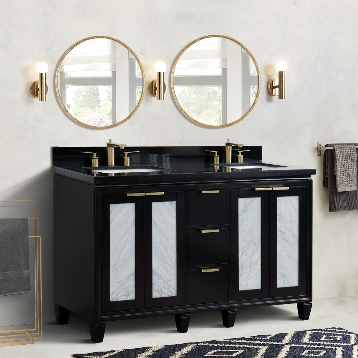 61" Double sink vanity in Black finish with Black galaxy granite and rectangle sink