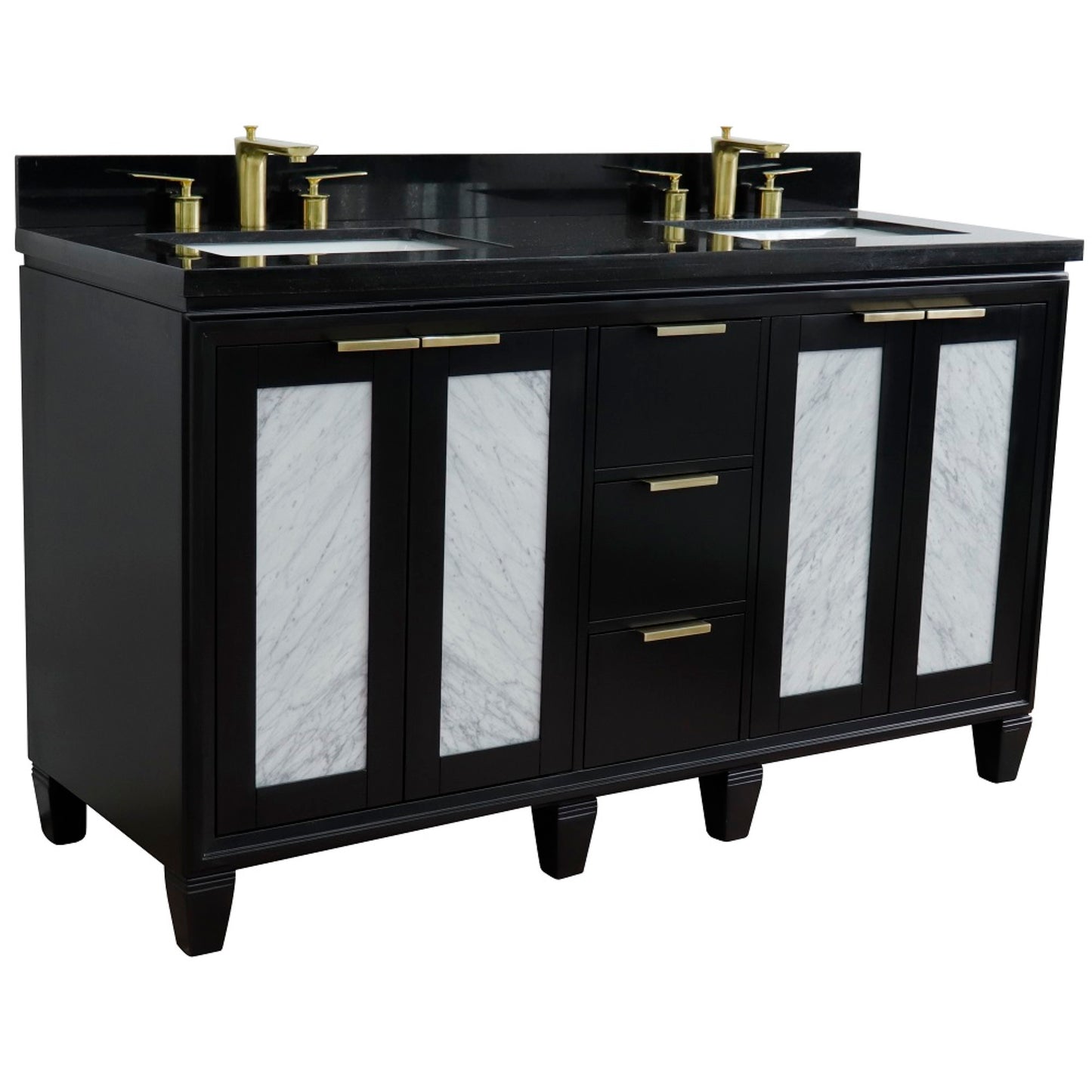 61" Double sink vanity in Black finish with Black galaxy granite and rectangle sink
