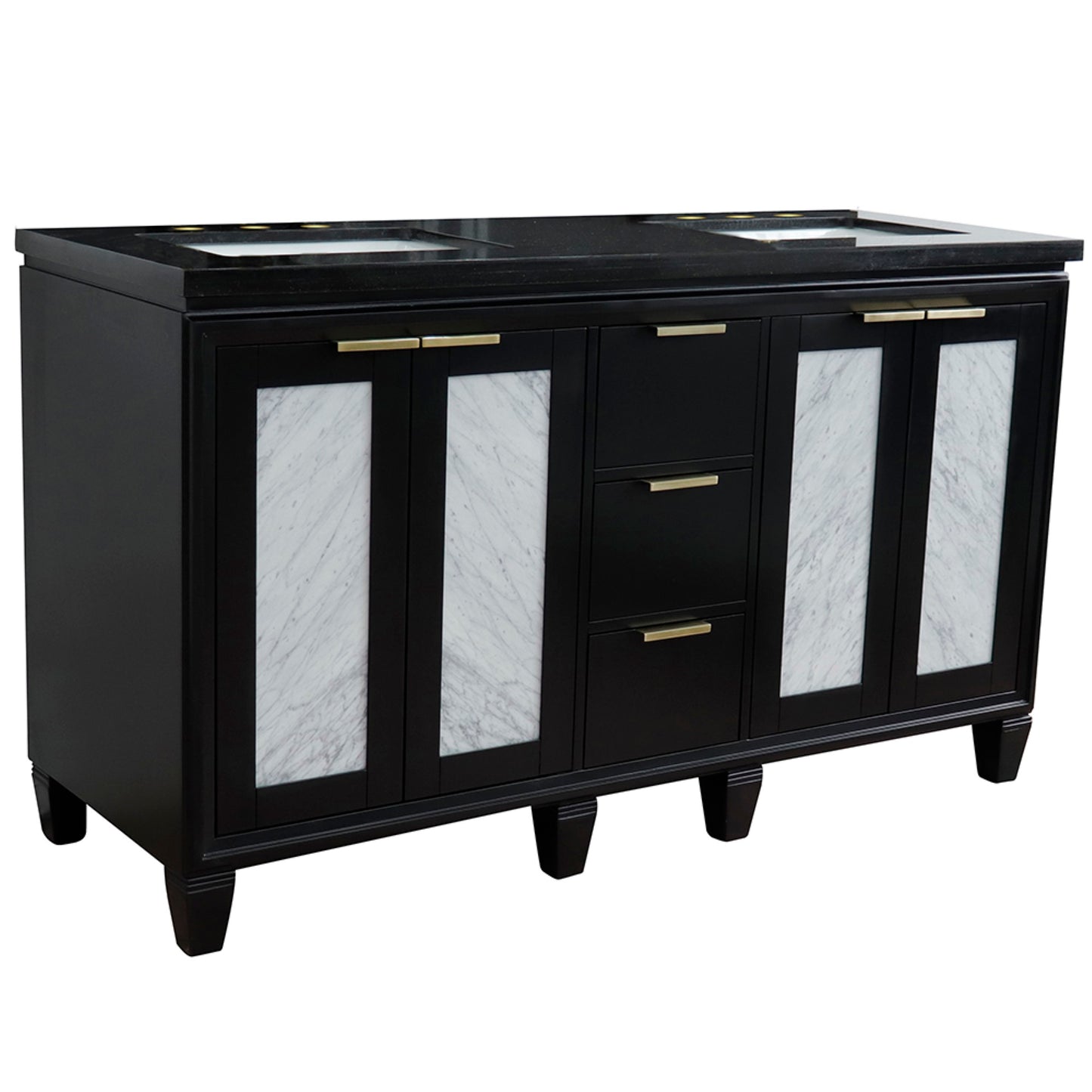 61" Double sink vanity in Black finish with Black galaxy granite and rectangle sink