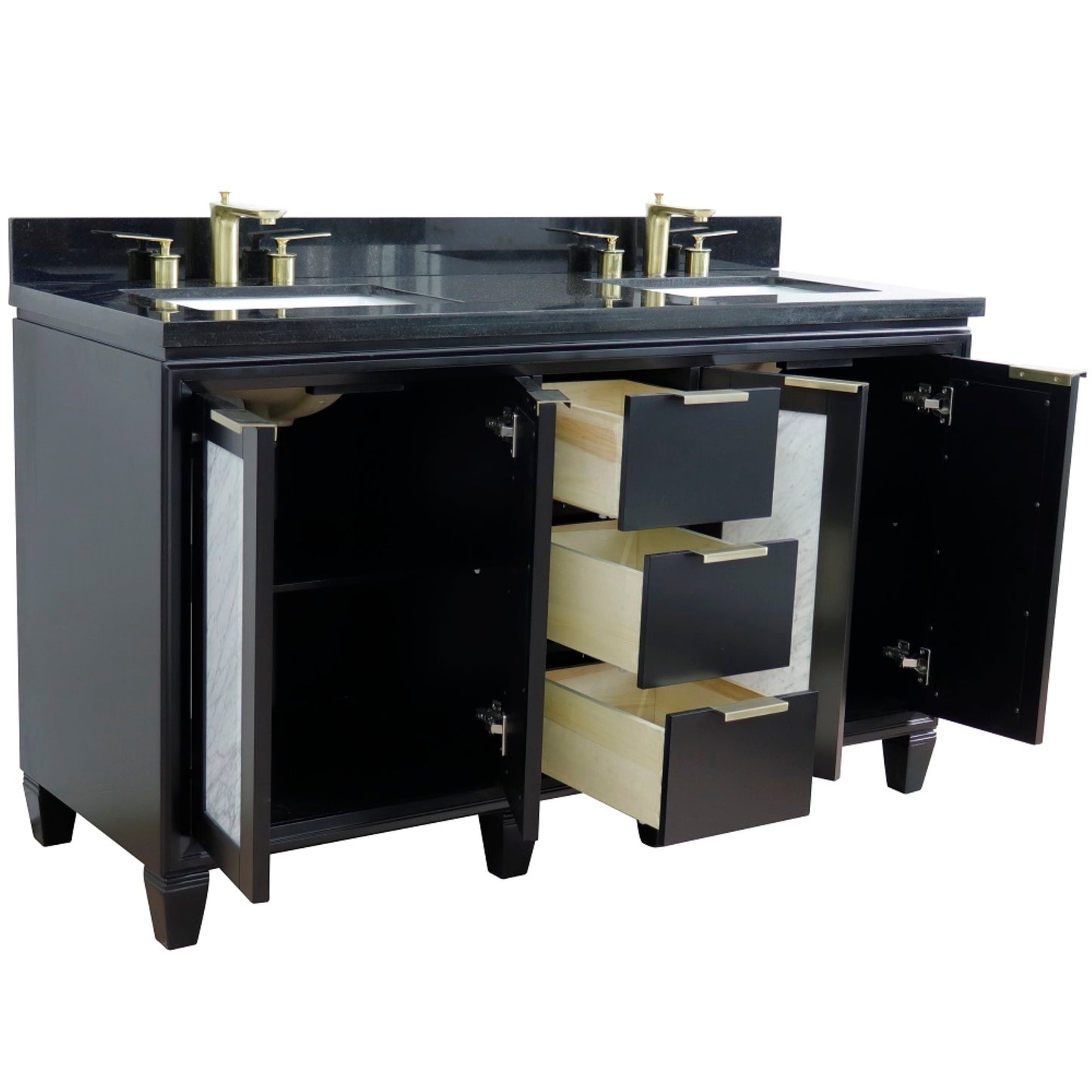 61" Double sink vanity in Black finish with Black galaxy granite and rectangle sink