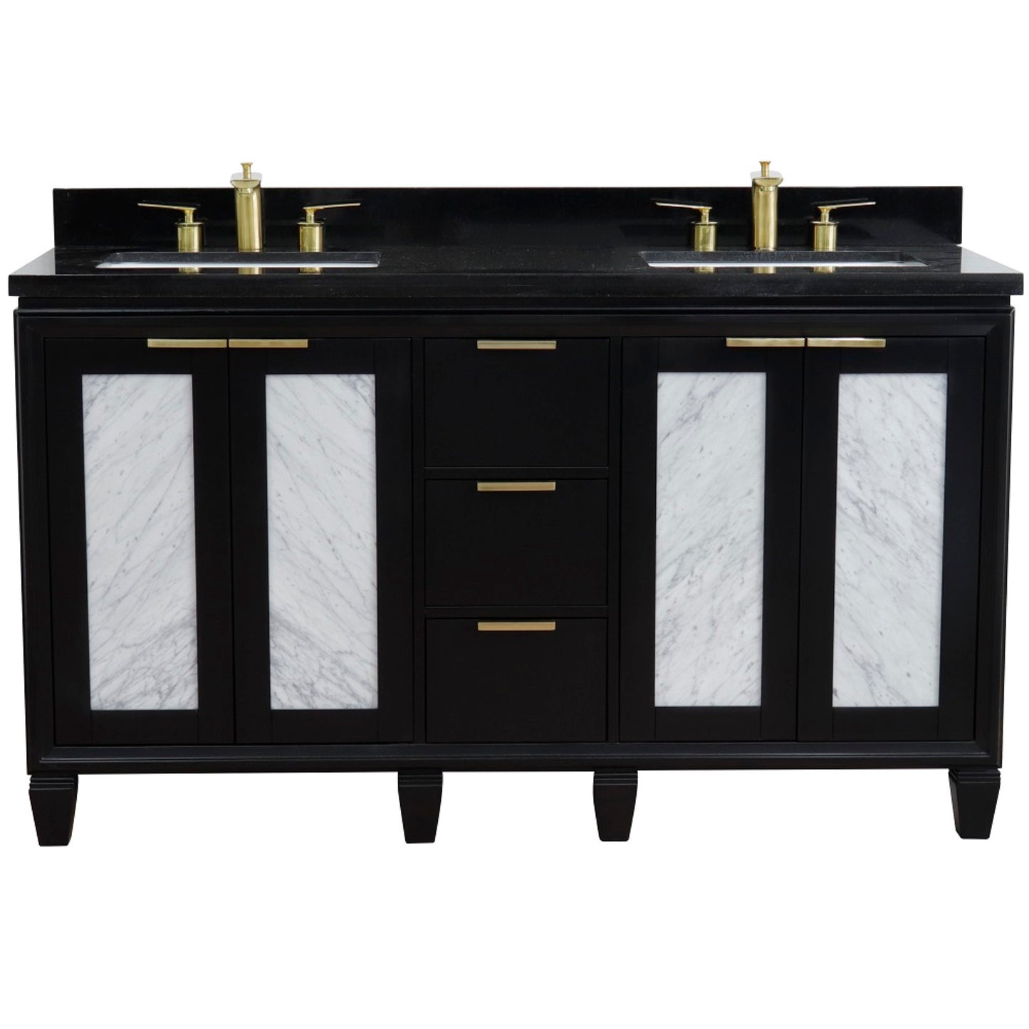 61" Double sink vanity in Black finish with Black galaxy granite and rectangle sink
