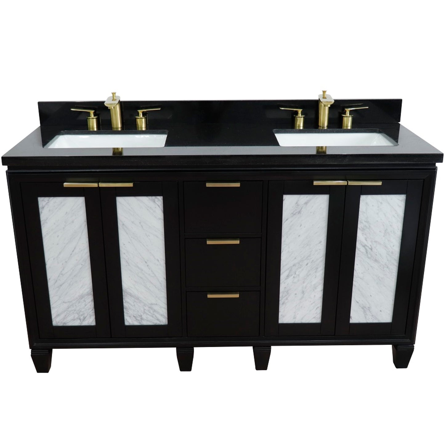 61" Double sink vanity in Black finish with Black galaxy granite and rectangle sink