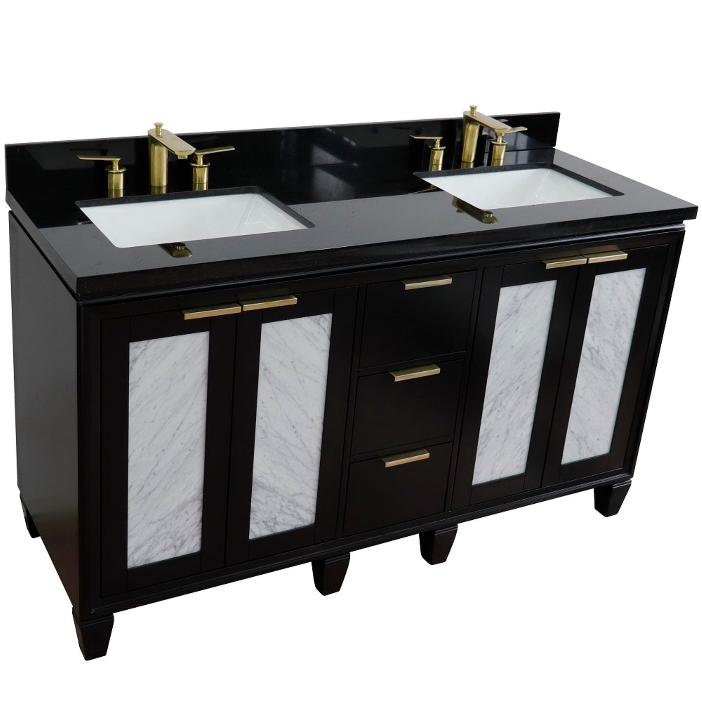 61" Double sink vanity in Black finish with Black galaxy granite and rectangle sink