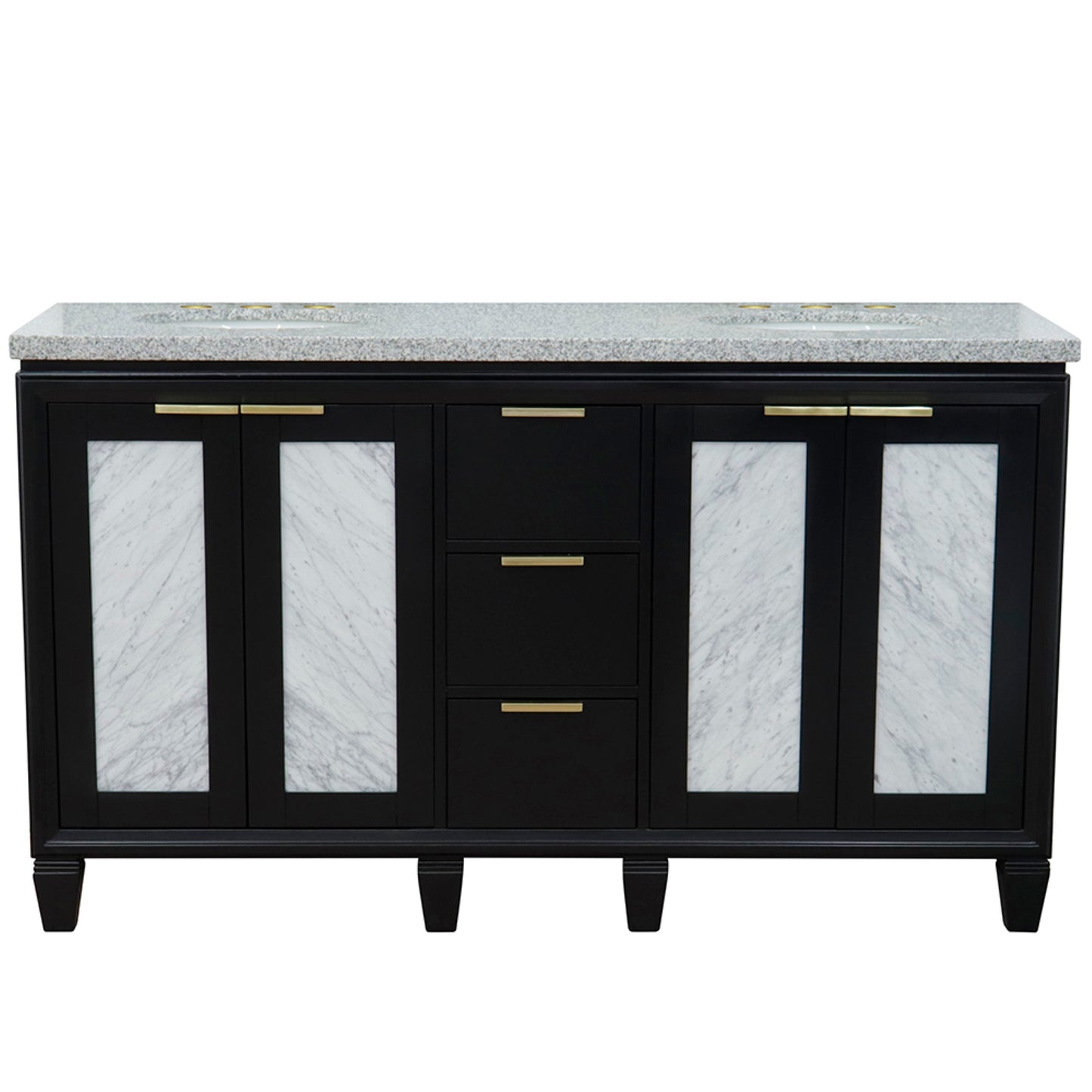 61" Double sink vanity in Black finish with Gray granite and oval sink