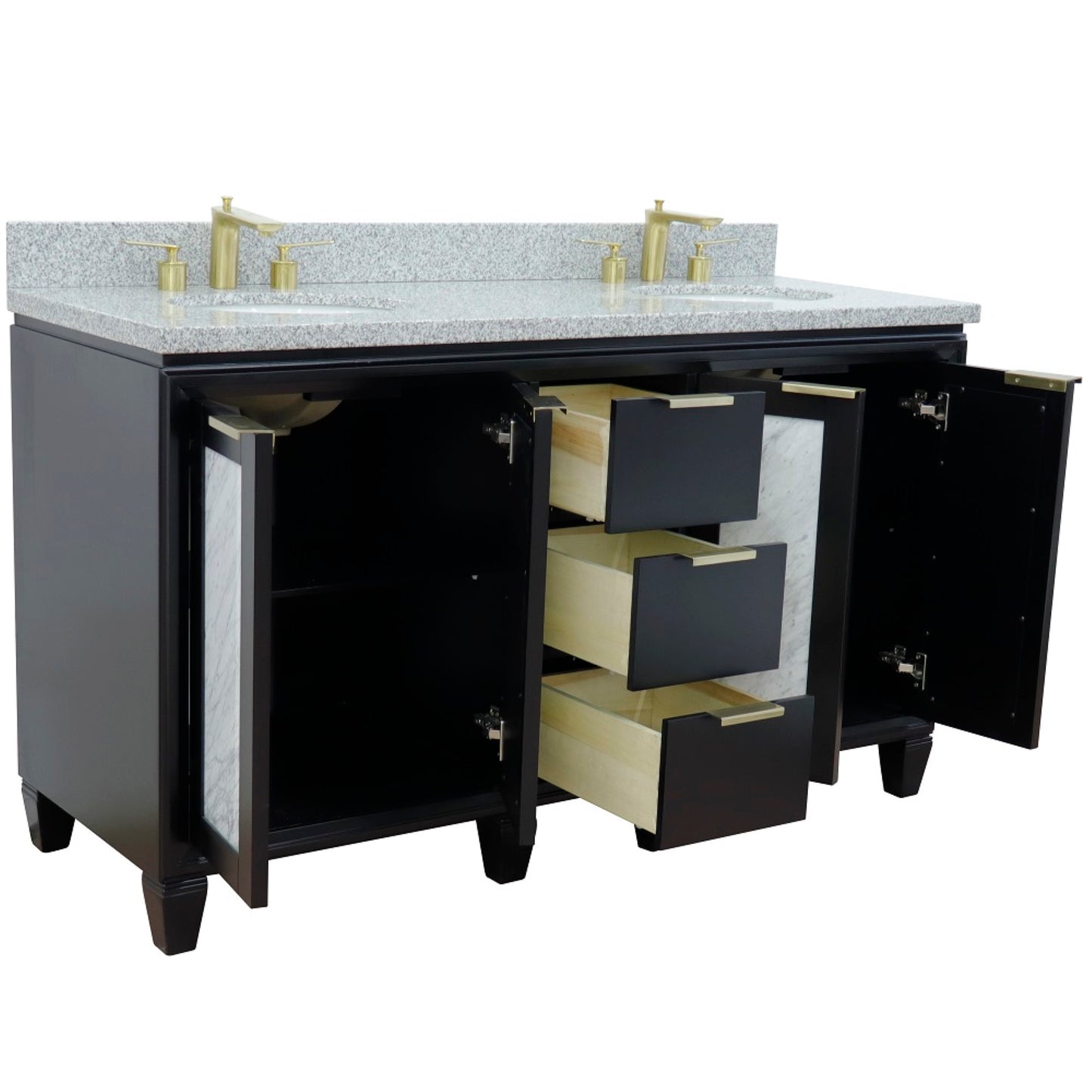 61" Double sink vanity in Black finish with Gray granite and oval sink