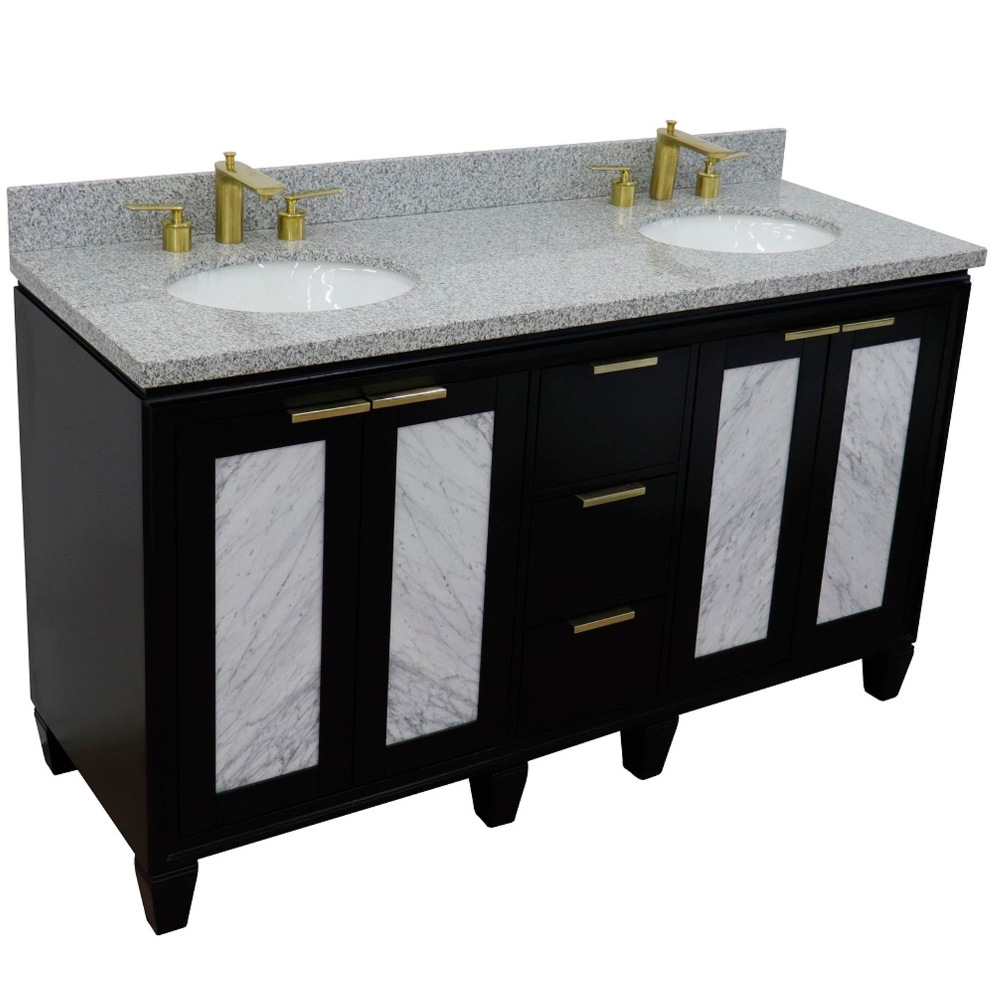 61" Double sink vanity in Black finish with Gray granite and oval sink