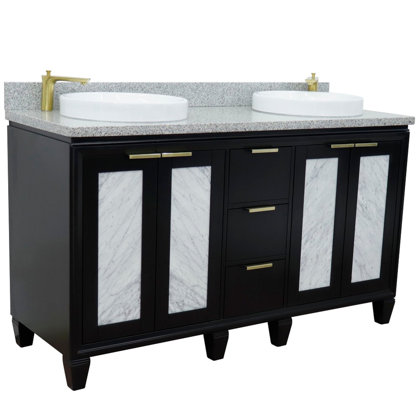 61" Double sink vanity in Black finish with Gray granite and round sink
