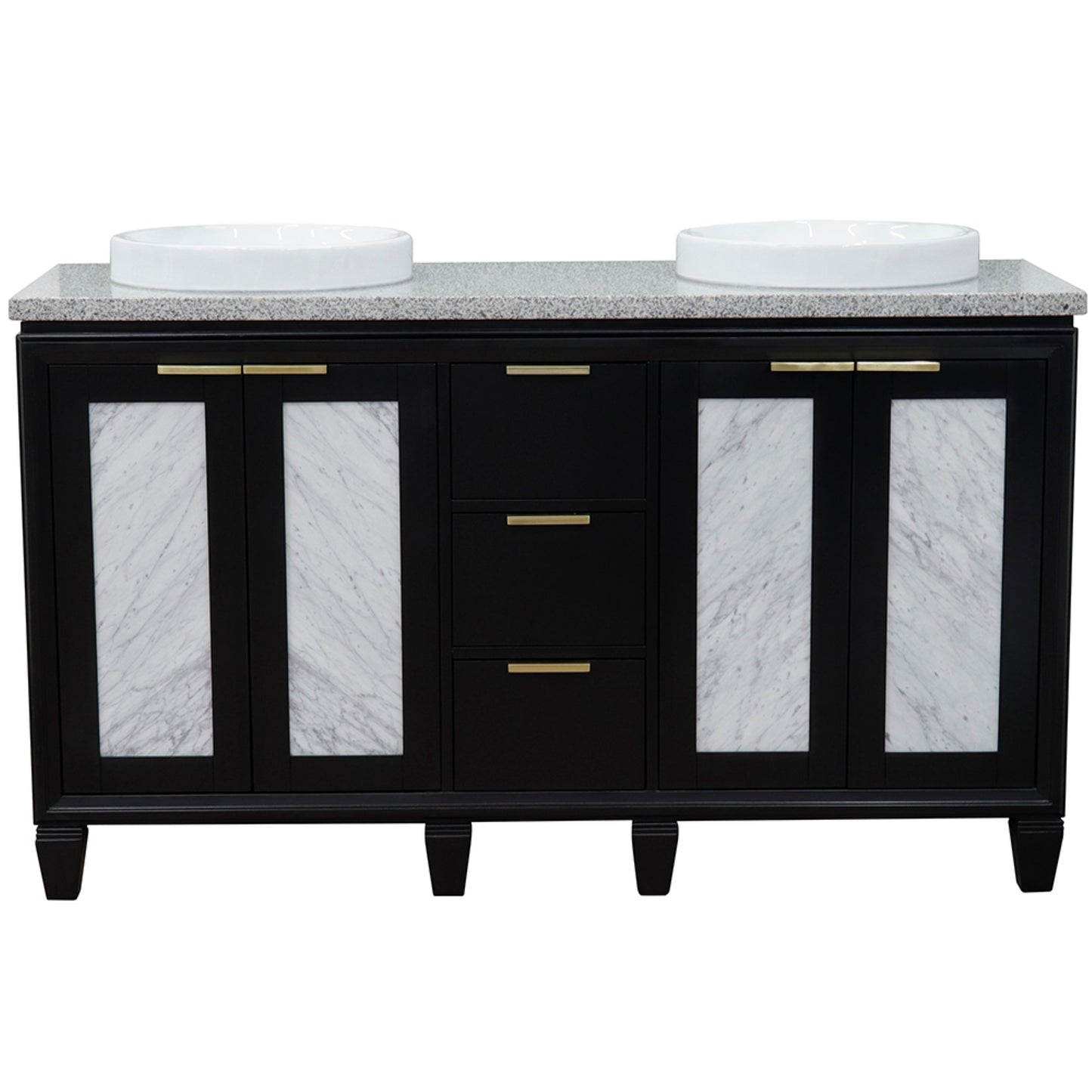 61" Double sink vanity in Black finish with Gray granite and round sink