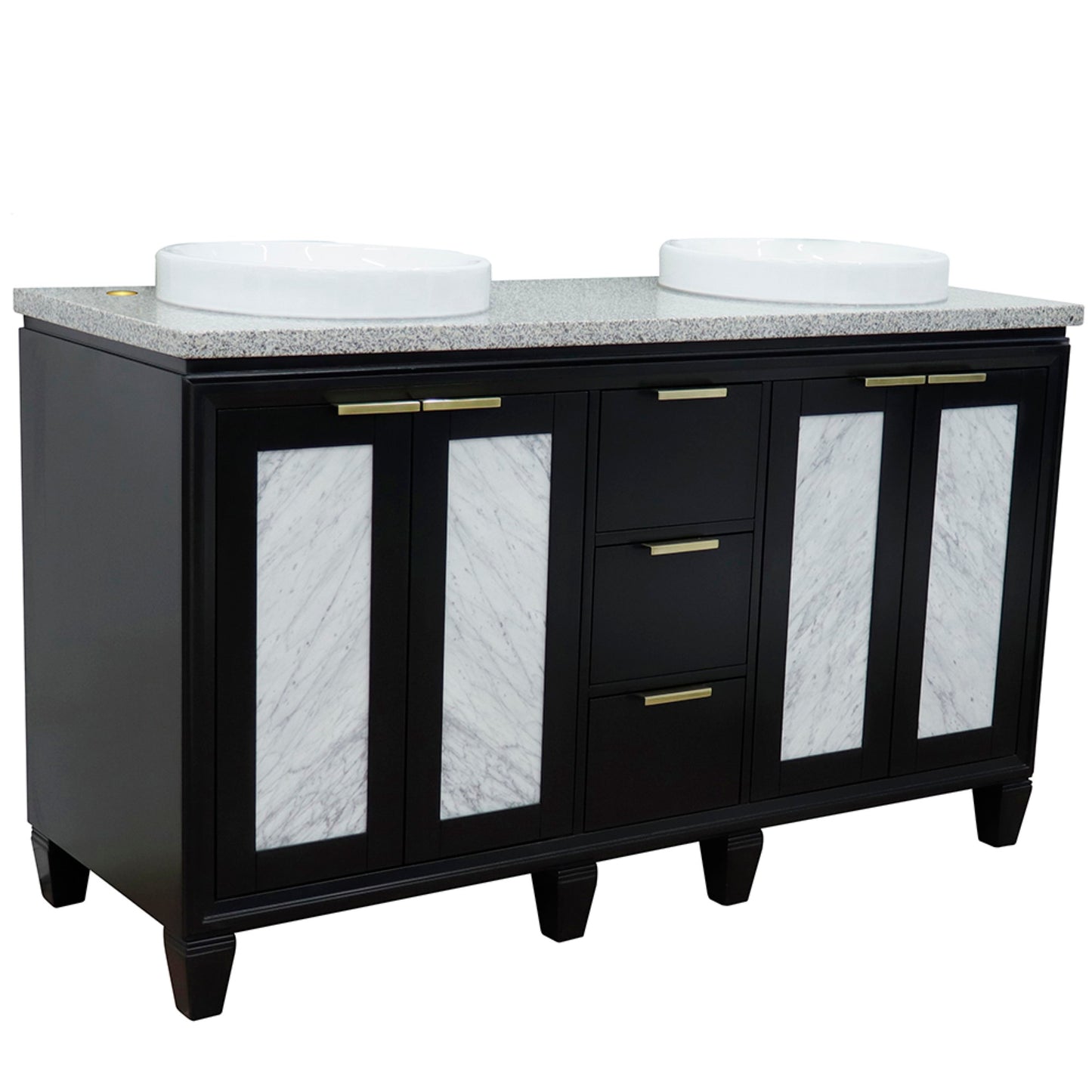 61" Double sink vanity in Black finish with Gray granite and round sink