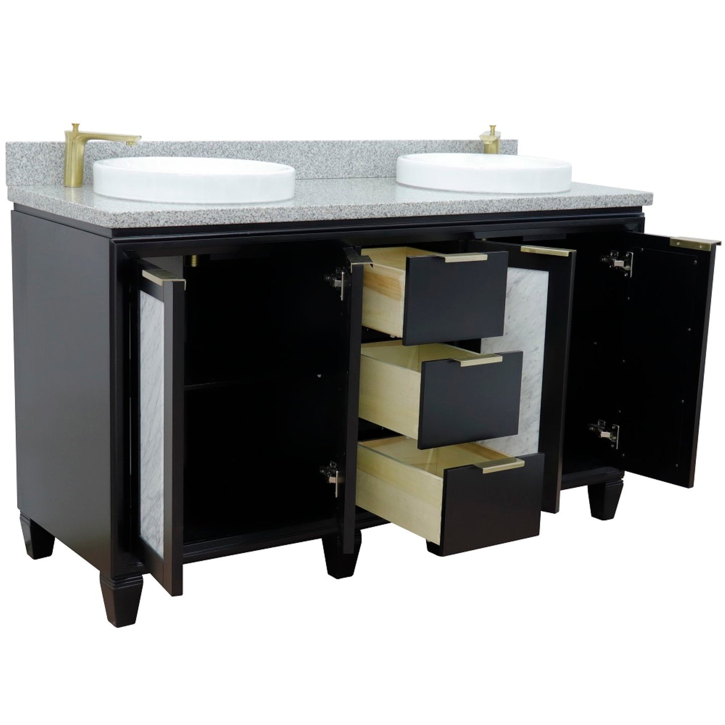 61" Double sink vanity in Black finish with Gray granite and round sink