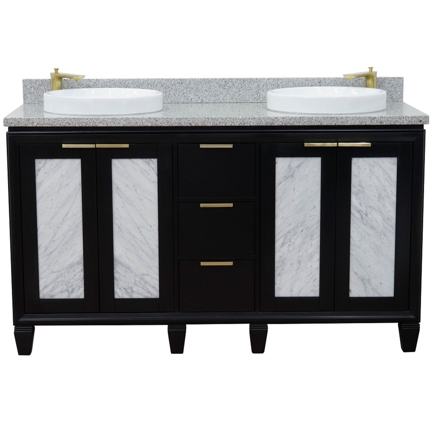 61" Double sink vanity in Black finish with Gray granite and round sink