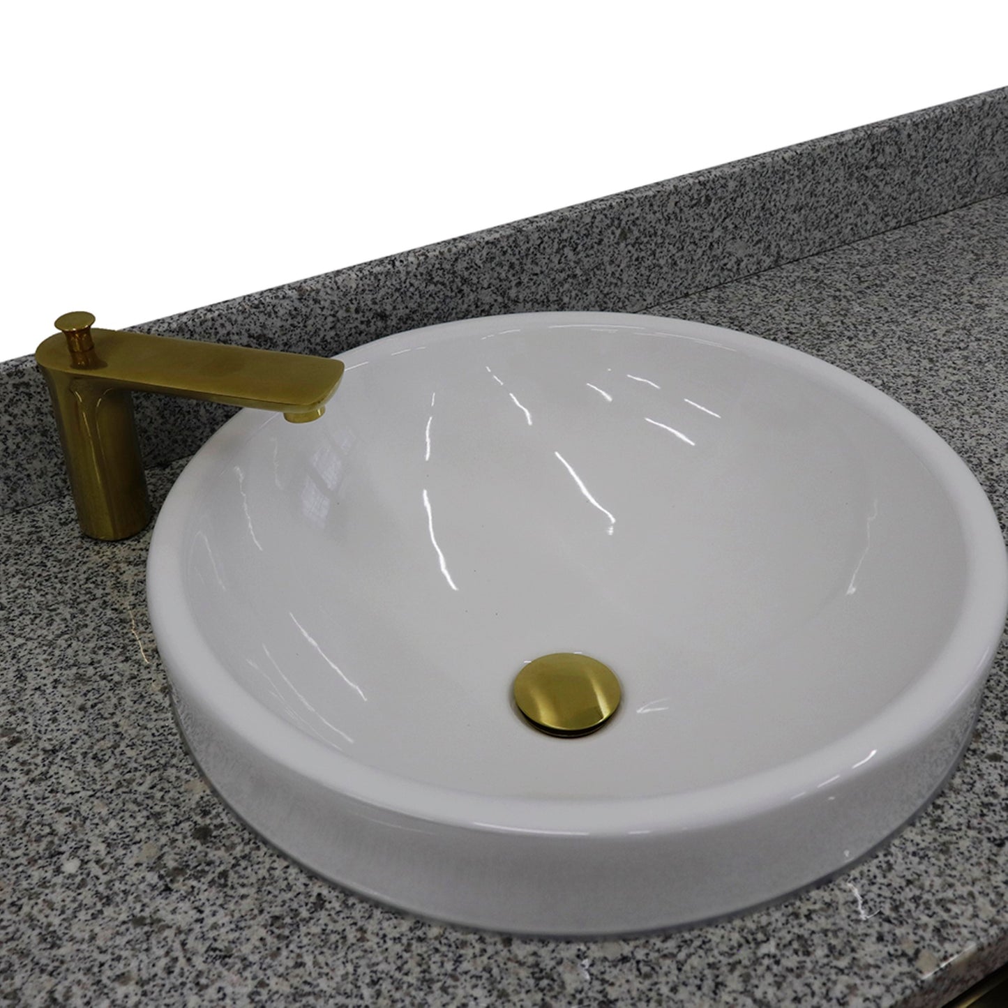 61" Double sink vanity in Black finish with Gray granite and round sink