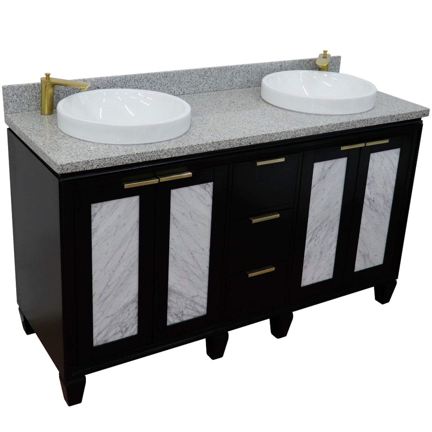 61" Double sink vanity in Black finish with Gray granite and round sink