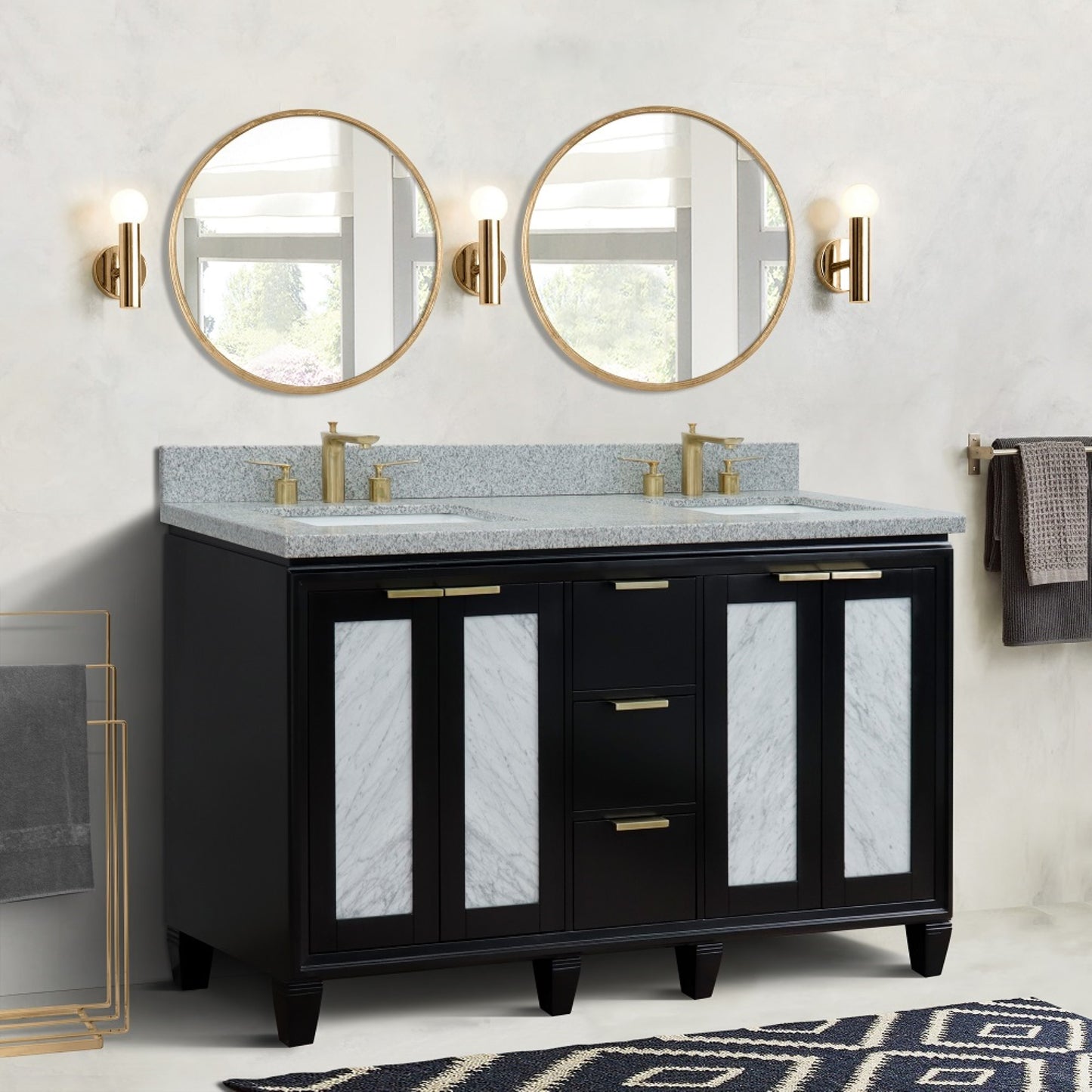 61" Double sink vanity in Black finish with Gray granite and rectangle sink