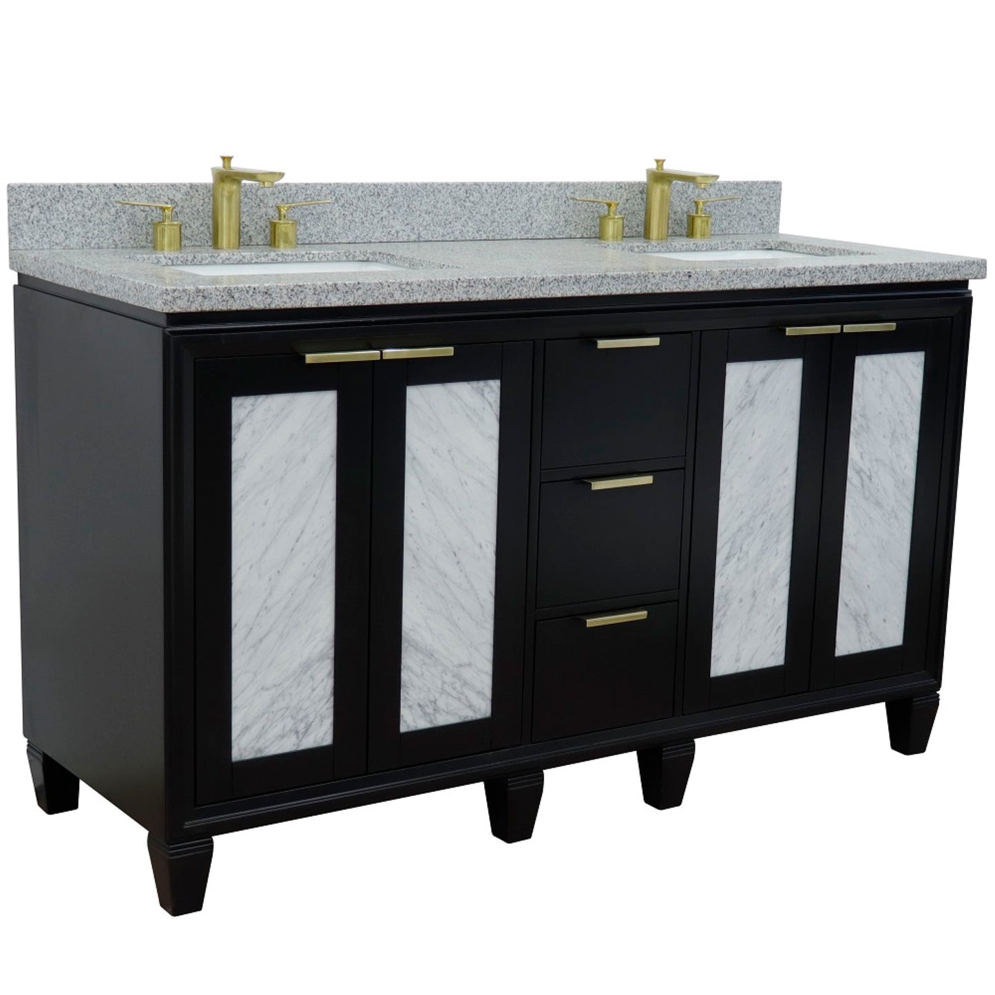 61" Double sink vanity in Black finish with Gray granite and rectangle sink