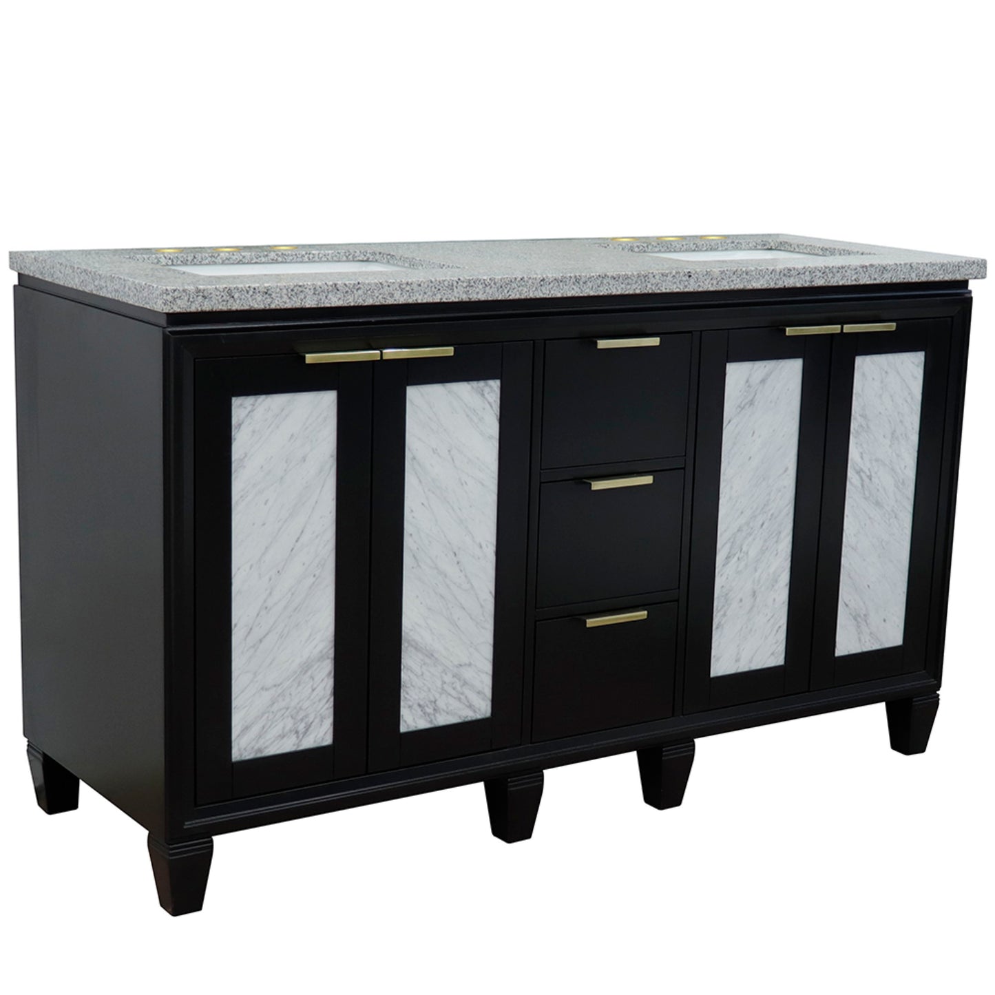 61" Double sink vanity in Black finish with Gray granite and rectangle sink