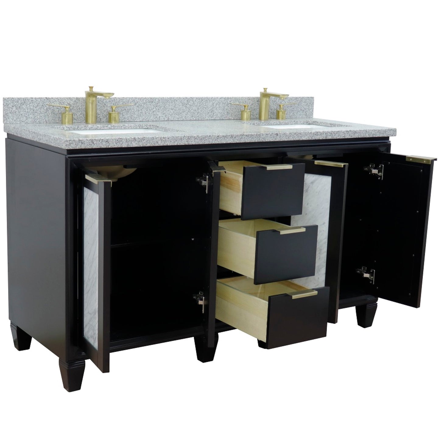 61" Double sink vanity in Black finish with Gray granite and rectangle sink