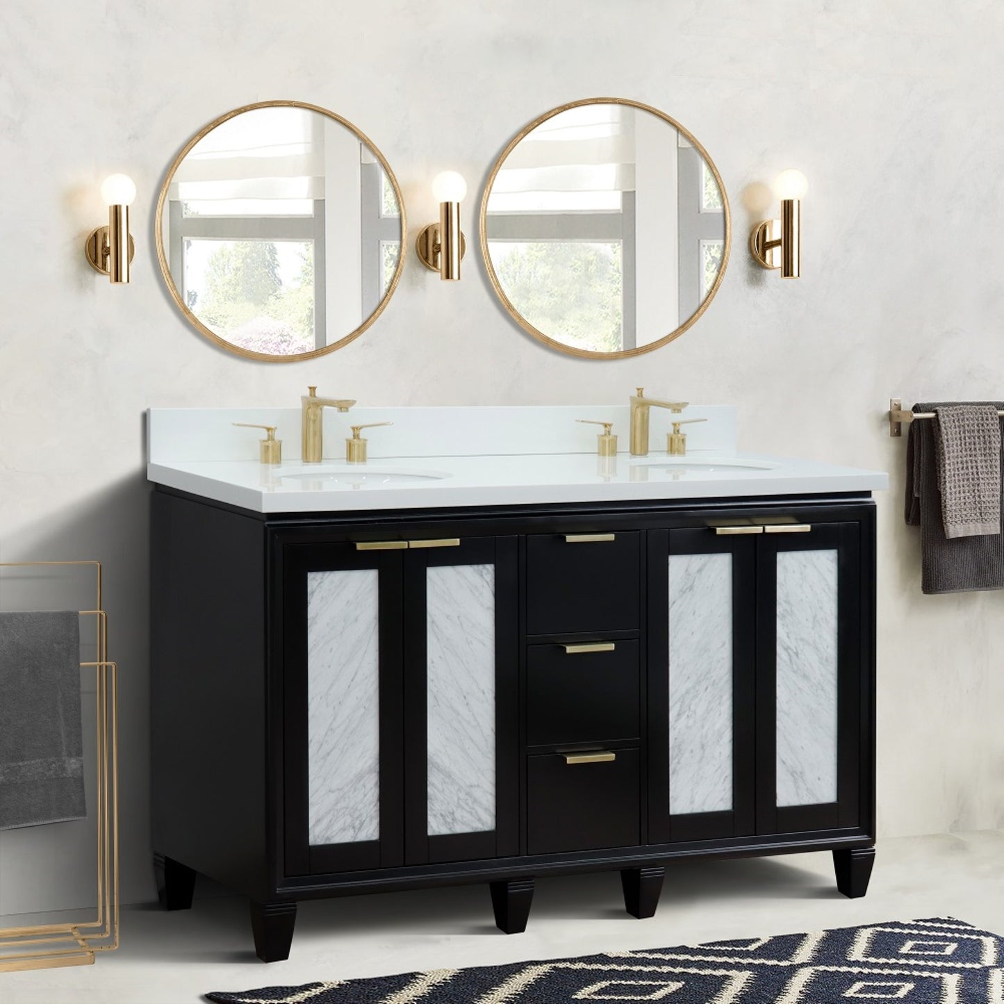 61" Double sink vanity in Black finish with White engineered stone and oval sink