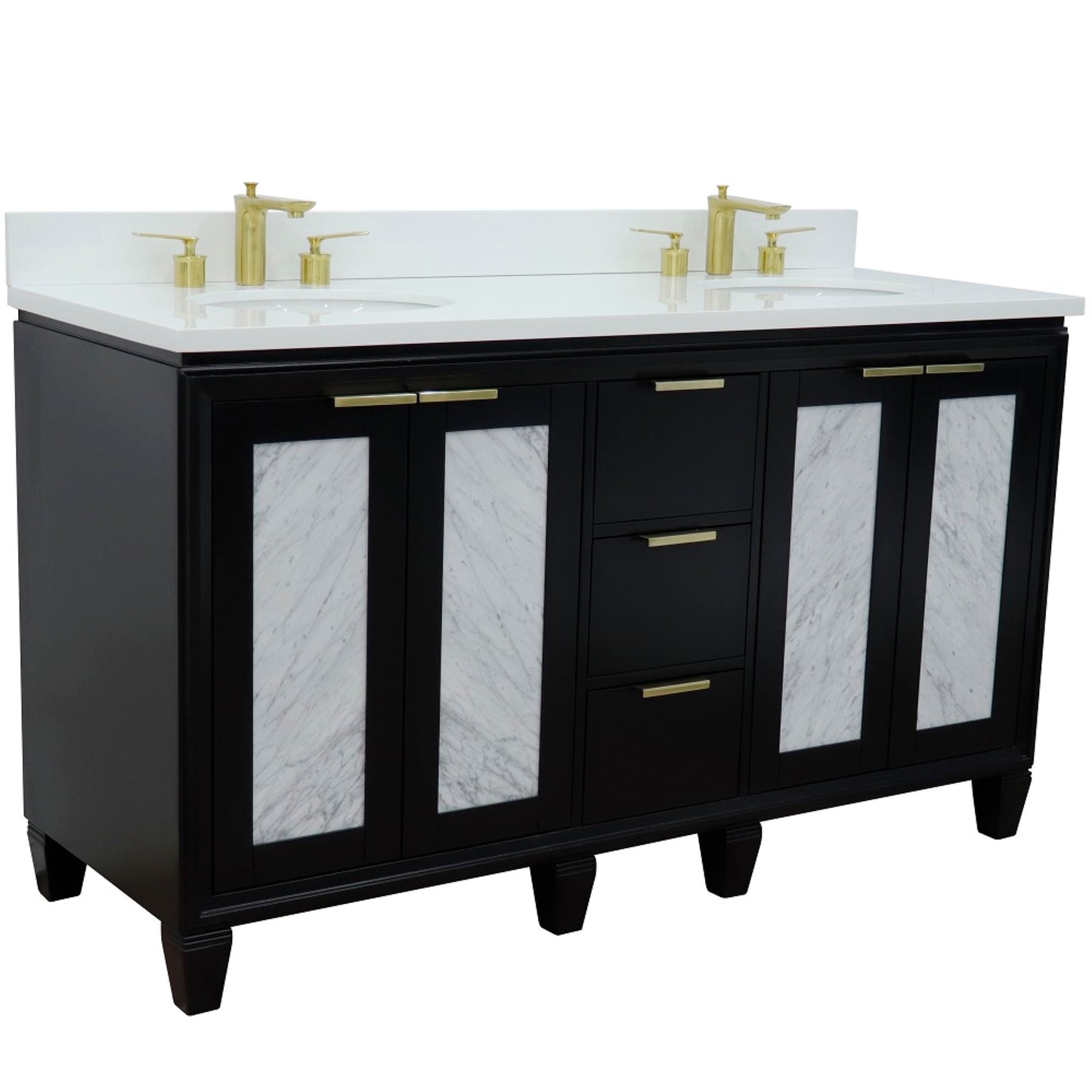 61" Double sink vanity in Black finish with White engineered stone and oval sink