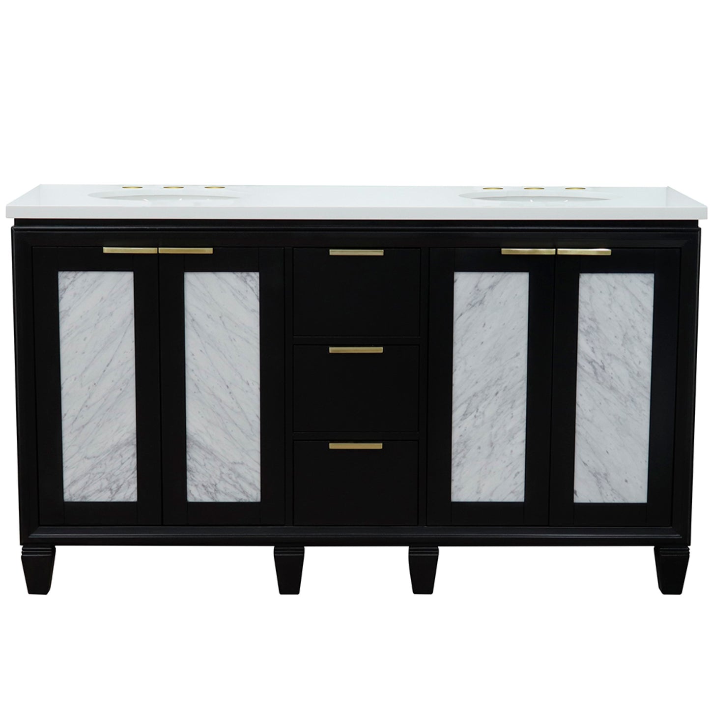 61" Double sink vanity in Black finish with White engineered stone and oval sink