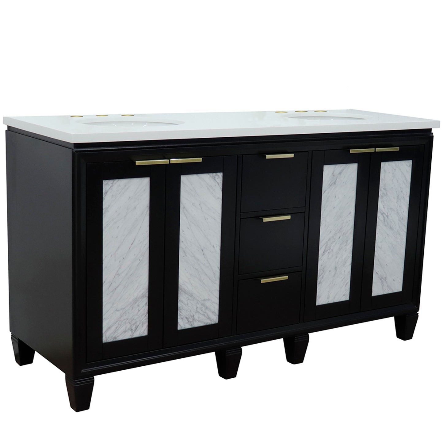 61" Double sink vanity in Black finish with White engineered stone and oval sink