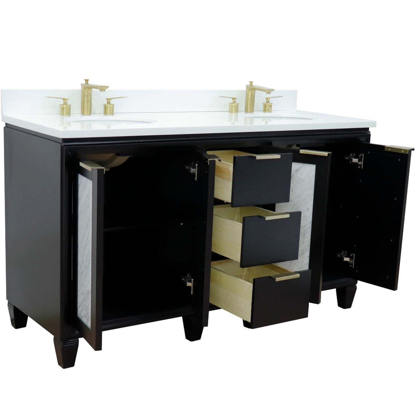 61" Double sink vanity in Black finish with White engineered stone and oval sink