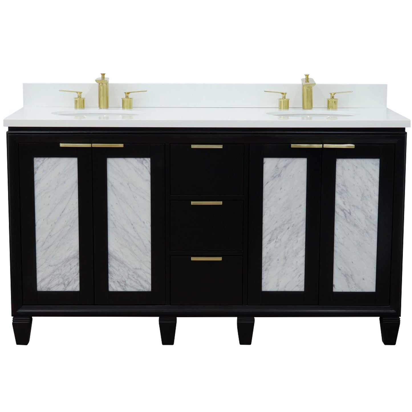 61" Double sink vanity in Black finish with White engineered stone and oval sink