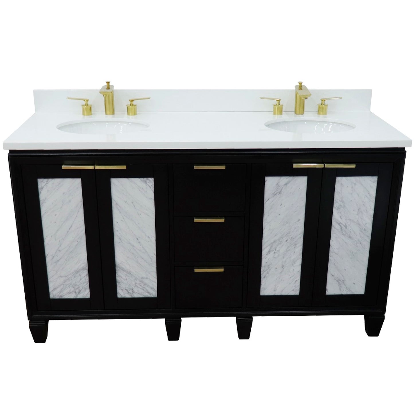 61" Double sink vanity in Black finish with White engineered stone and oval sink