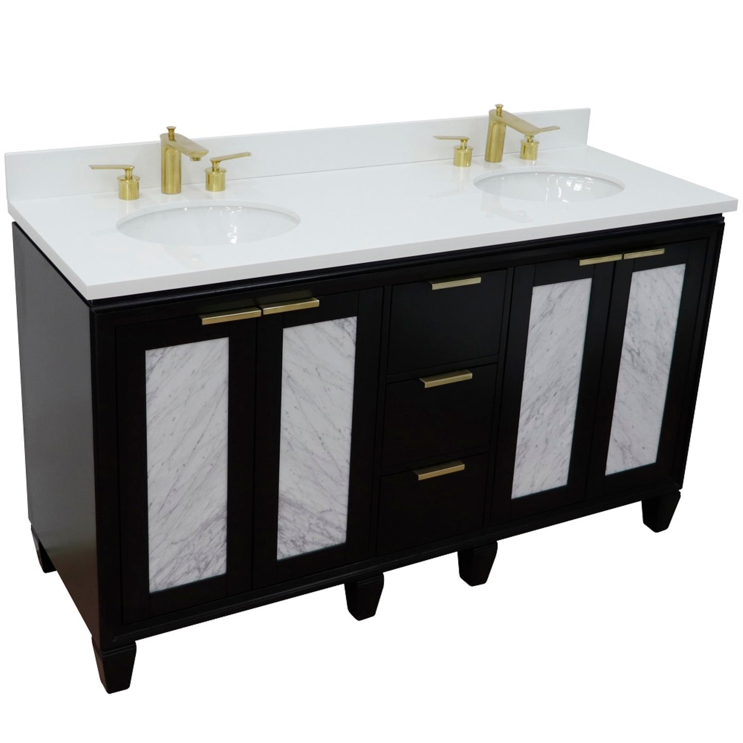 61" Double sink vanity in Black finish with White engineered stone and oval sink
