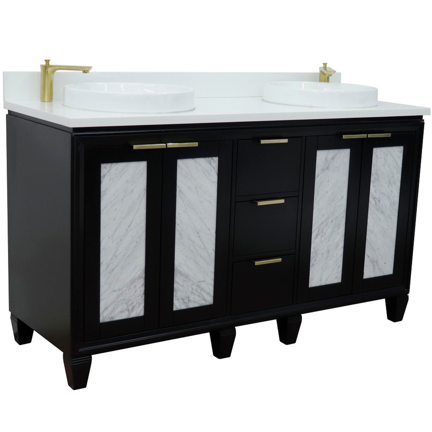 61" Double sink vanity in Black finish with White engineered stone and round sink