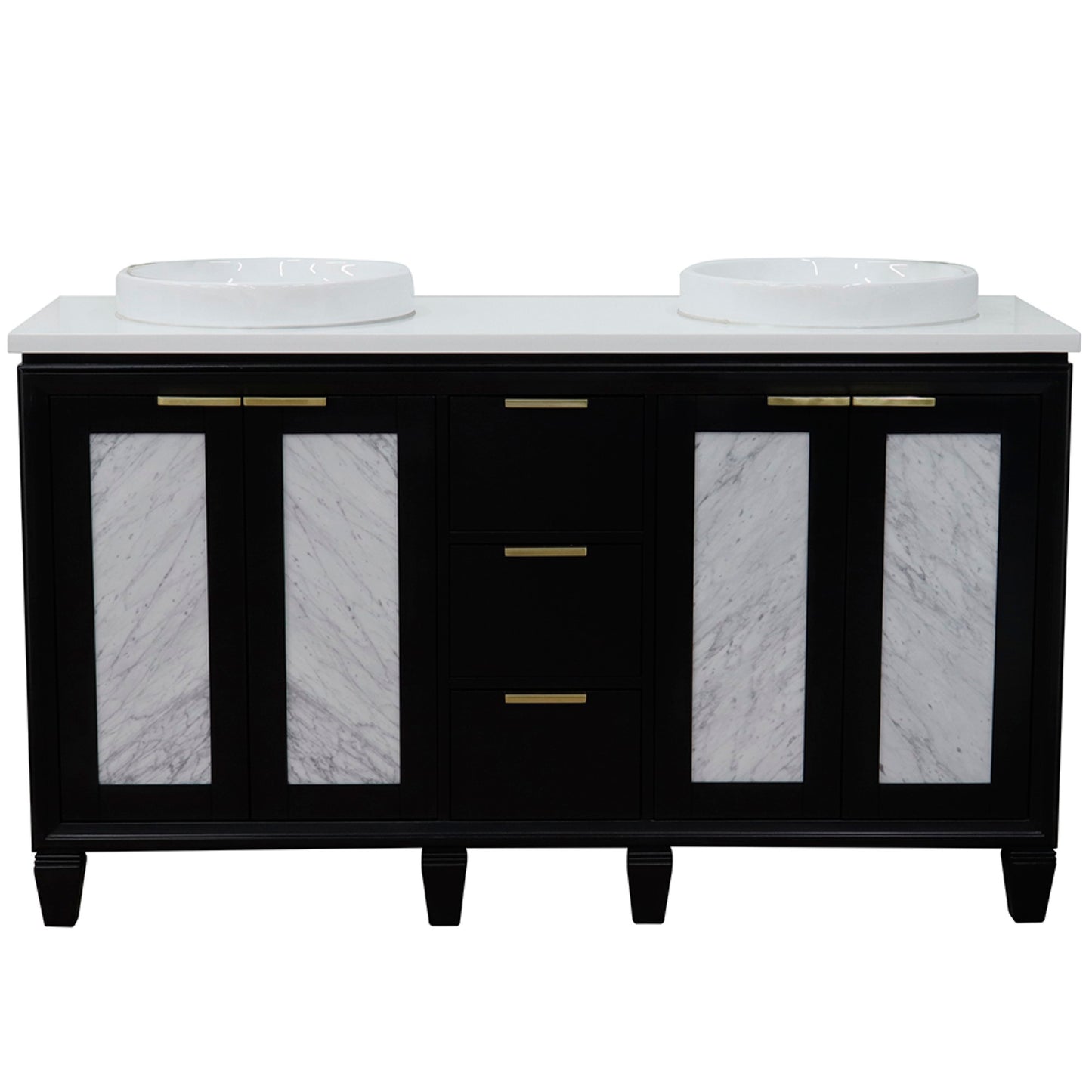 61" Double sink vanity in Black finish with White engineered stone and round sink