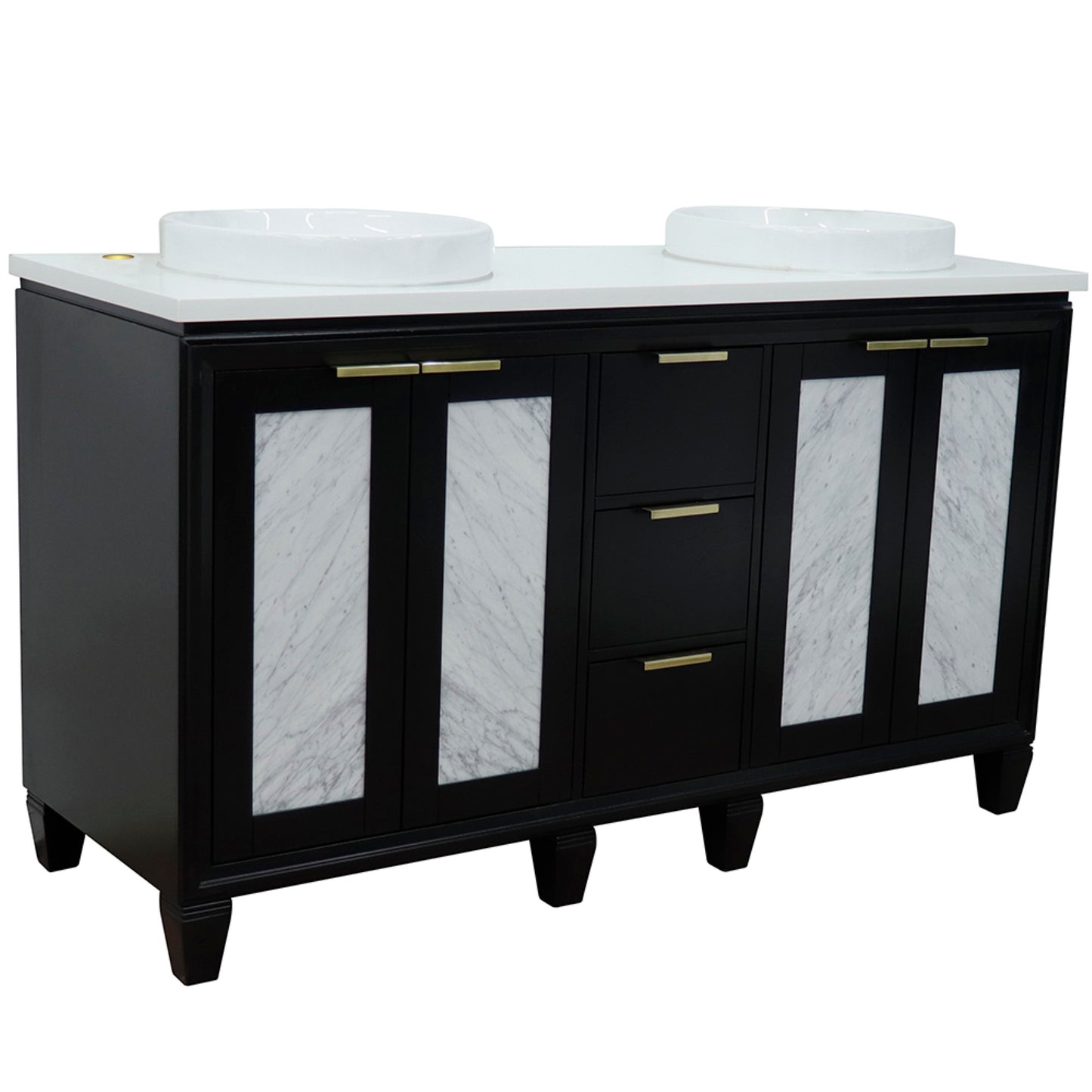 61" Double sink vanity in Black finish with White engineered stone and round sink
