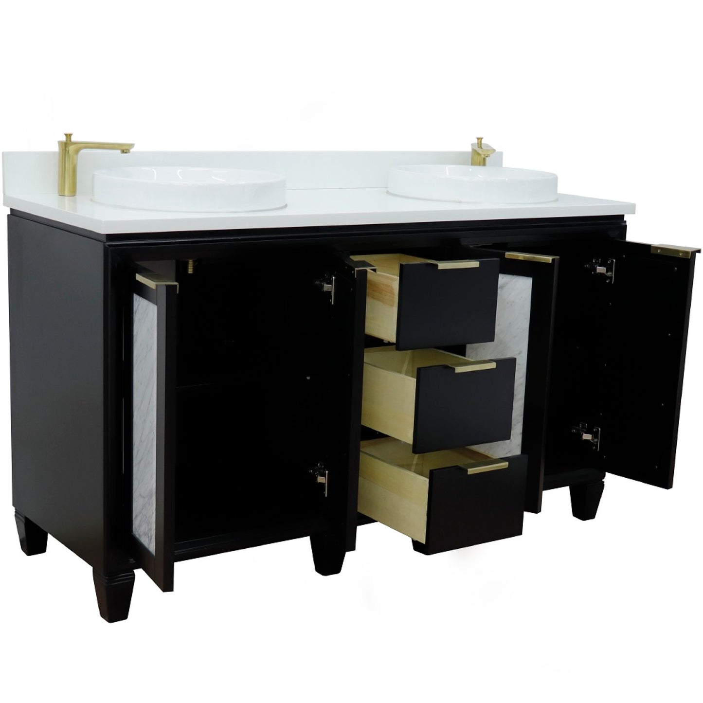 61" Double sink vanity in Black finish with White engineered stone and round sink