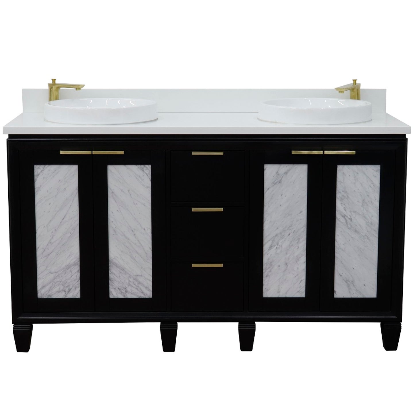 61" Double sink vanity in Black finish with White engineered stone and round sink